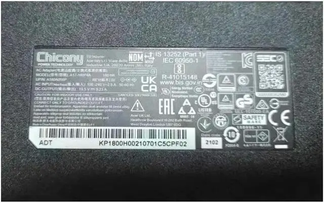Alt view image 2 of 2 - Chicony A17-180P4A 19.5V 9.23A 180W A180A056P AC Adapter For ACER NITRO AN515-55 PREDATOR Laptop Power Supply Charger
