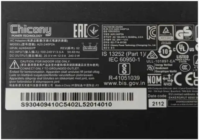 Alt view image 2 of 2 - Chicony A20-240P2A 20V 12A 240W USB A240A007P THIN AC Adapter For MSI GE76 GE66 Laptop Power Supply Charger