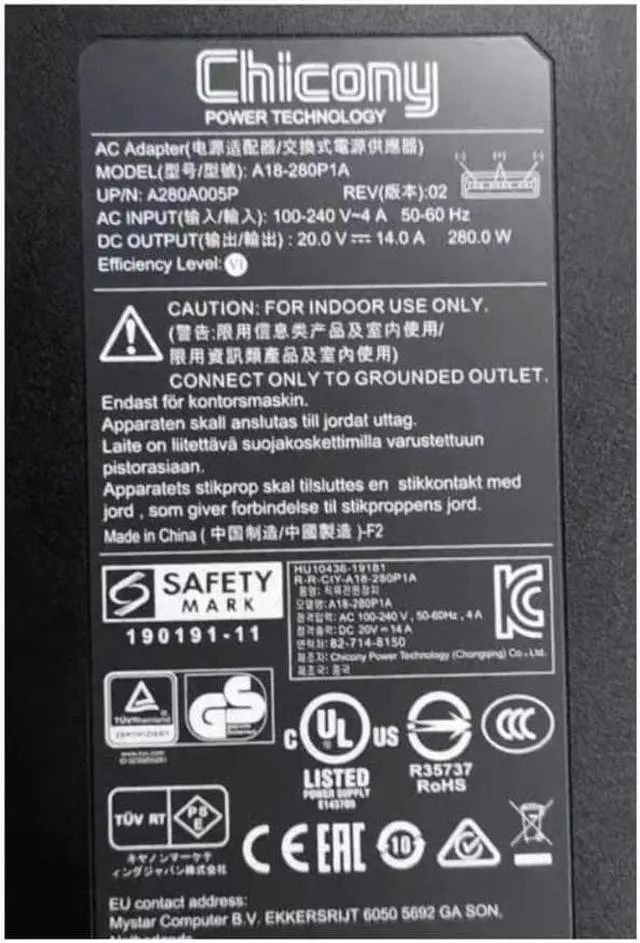 Alt view image 2 of 2 - 20V 14A 280W Chicony A18-280P1A AC Power Adapter For MSI GE66 GE76 GP76 ADP-280BB B A17-230P1B Gaming Laptop Charger