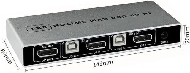 Alt view image 4 of 5 - Dual-port Displayport KVM Switch USB Displayport KVM 144Hz DP Switcher 4KX2K/60Hz 2K/144Hz Displayport 2 in 1 out KVM USB