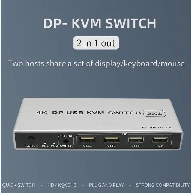 Alt view image 3 of 7 - 2 Ports Displayport KVM Switch Displayport USB Displayport KVM 144Hz DP Switcher 4KX2K/60Hz 2K/144Hz Displayport 2 in 1 out Displayport USB KVM Switcher 2 Desktop PC hosts Sharing Keyboard Mouse