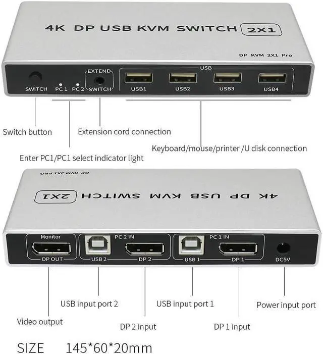 Alt view image 2 of 7 - 2 Ports Displayport KVM Switch Displayport USB Displayport KVM 144Hz DP Switcher 4KX2K/60Hz 2K/144Hz Displayport 2 in 1 out Displayport USB KVM Switcher 2 Desktop PC hosts Sharing Keyboard Mouse