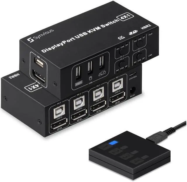 Main image of 4 Port DisplayPort KVM Switch 3D UHD 4K@60Hz 4 In 1 Out USB and DP KVM Switcher For 4 PCs Share Keyboard Mouse Monitor and USB 2.0 Devices, With 4 USB Cables