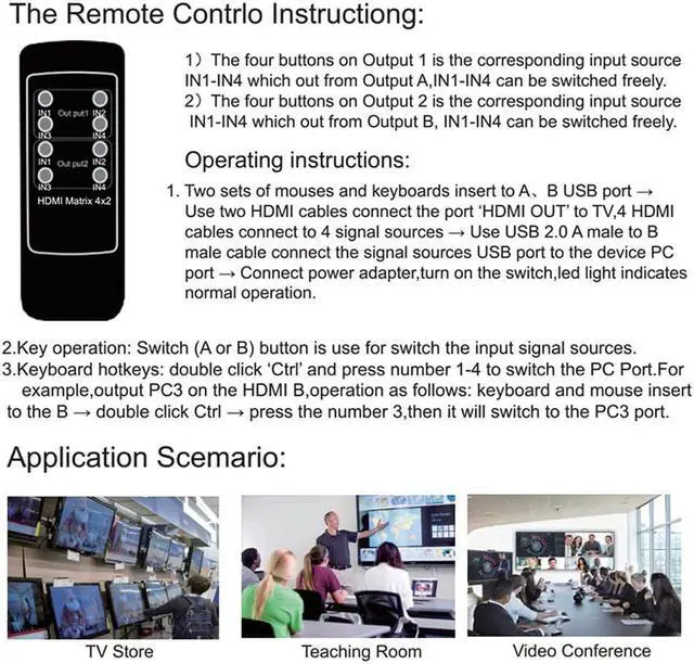 Alt view image 7 of 7 - 4 Port USB HDMI KVM Matrix 4x2 Dual Monitor 4K @60Hz HDR Switch Splitter 4 in 2 Out HDMI 2.0 Switcher for USB 2.0 Keyboard Mouse PC with Dual Independent Audio, Support Auto Scale, Audio Extractor