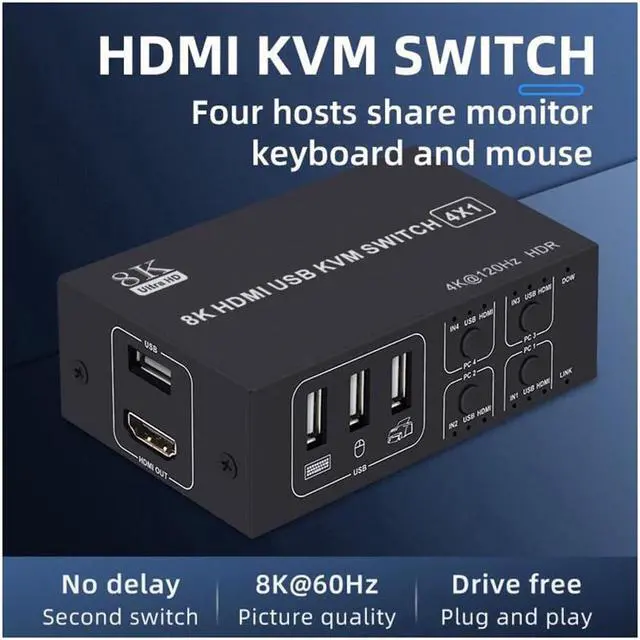 Alt view image 2 of 7 - 4x1 HDMI KVM Switch 4 Port, 8K @60Hz 4K@120Hz HDMI USB KVM HDMI Switch Share 4 Computers with One Monitor One-Button Swapping, 4 in 1 Out KVM Switcher for PC Laptop with 4 USB Cables 1 Power Cable