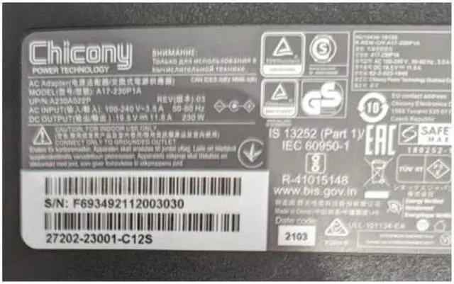 Alt view image 2 of 2 - Chicony A17-230P1A 19.5V 11.8A 230W A230A022P AC Adapter For A12-230P1A GIGABYTE AERO 17 15 Aorus 15p KD Laptop Charger