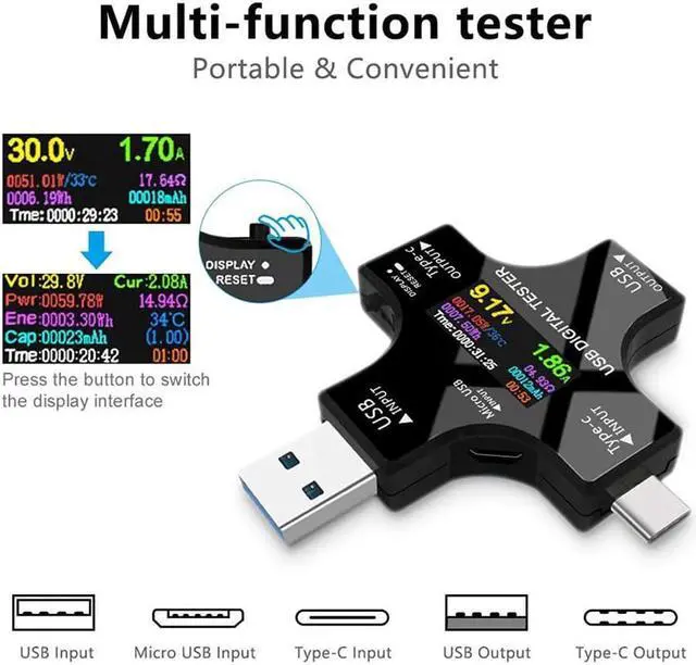Alt view image 2 of 7 - USB Power Meter Testers, Electop Upgrade Multi Functional 2 in 1 Type C USB Tester, LCD Digital Multimeter, Voltage,Current, Power Capacity, Temperature, Working Time Detector (Pack with OTG Adapter)