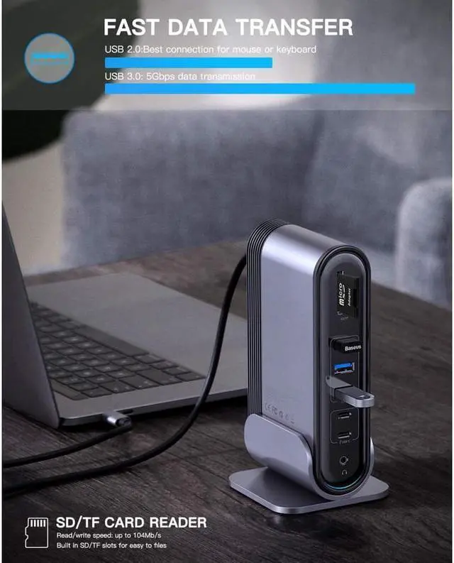 Alt view image 7 of 7 - BASEUS USB-C 4K Triple Display Docking Station, Baseus USB C Dock Universal Docking Station with 3 HDMI 4K, Audio, Ethernet, 5 USB Ports, 100W USB-C PD, SD/TF Card Reader for Windows, PC, Mac, Laptops