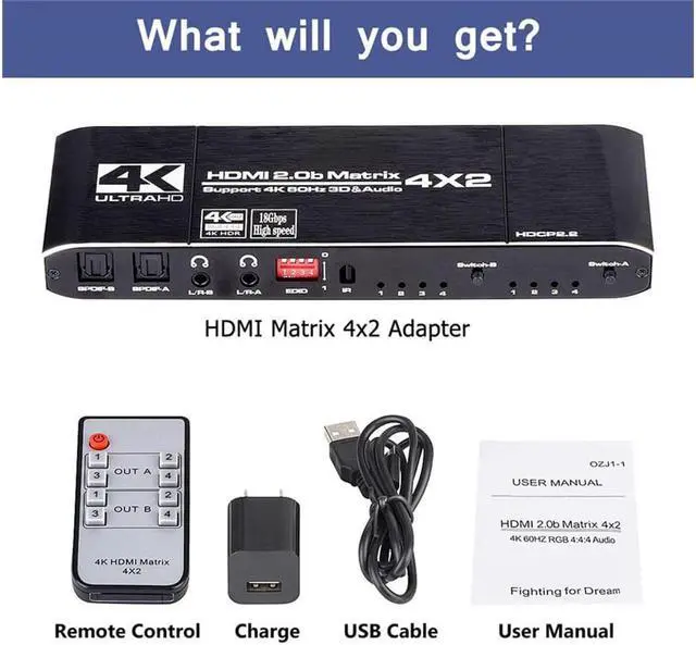 Alt view image 2 of 5 - 4K@60Hz HDMI Matrix 4x2 Switch Splitter Support HDCP 2.2 IR Remote Control HDMI Switch 4x2 Spdif 4K HDMI 4x2 Matrix Switch
