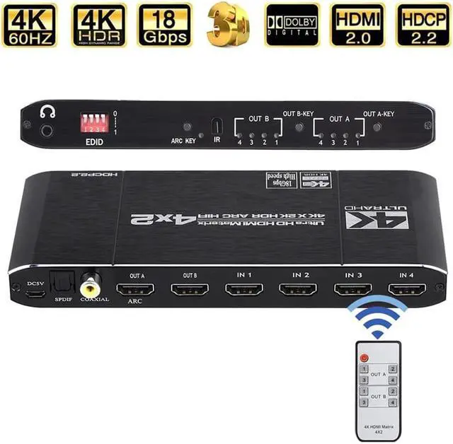 Main image of 4K@60Hz HDMI Matrix 4x2 Switch Splitter Support HDCP 2.2 IR Remote Control HDMI Switch 4x2 Spdif 4K HDMI 4x2 Matrix Switch