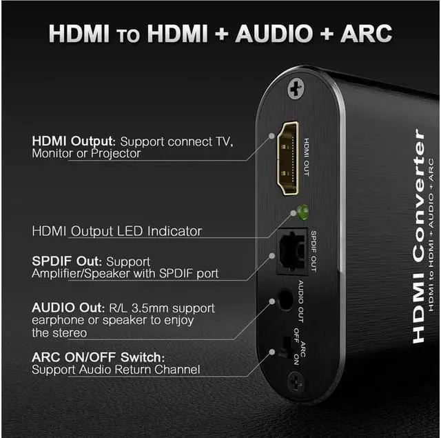 Alt view image 4 of 6 - HDMI 2.0 audio extractor 5.1 ARC 4K 60Hz HD HDMI Converter audio Independent output stereo Optical TOSLINK SPDIF for PS4 Speaker
