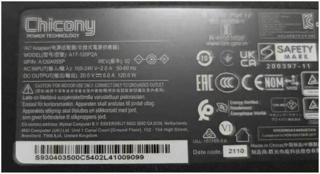 Alt view image 2 of 2 - 20V 6A 120W 4.5x3.0mm Chicony A17-120P2A A12A055P THIN Power Supply AC Adapter For MSI CF63 MS-16R5 Laptop Charger