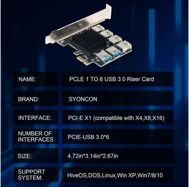 Alt view image 3 of 6 - PCIe 1 to 6 Riser Card, Pcie Splitter 1 to 6 PCI Riser Card, 6 Risers into 1 PCI Card, PCIe Multiplier Risers 1X to External 6 PCI-e USB3.0 Adapter for ETH Miner GPU Crypto Bitcoin