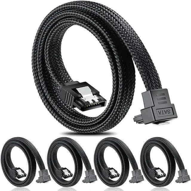 Main image of SATA III Cable, 6Gbps 90 Degree Right Angle HDD SDD Data Cable, SATA 3.0 Nylon Braided Cable with Locking Latch for SATA HDD, SSD, CD Driver, CD Writer(20 Inch, Black,5 Pack)