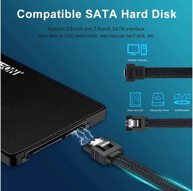 Alt view image 7 of 7 - SATA III Cable, 6Gbps 90 Degree Right Angle HDD SDD Data Cable, SATA 3.0 Nylon Braided Cable with Locking Latch for SATA HDD, SSD, CD Driver, CD Writer(20 Inch, Black,5 Pack)