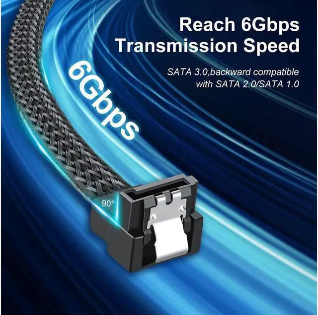 Alt view image 4 of 7 - SATA III Cable, 6Gbps 90 Degree Right Angle HDD SDD Data Cable, SATA 3.0 Nylon Braided Cable with Locking Latch for SATA HDD, SSD, CD Driver, CD Writer(20 Inch, Black,5 Pack)