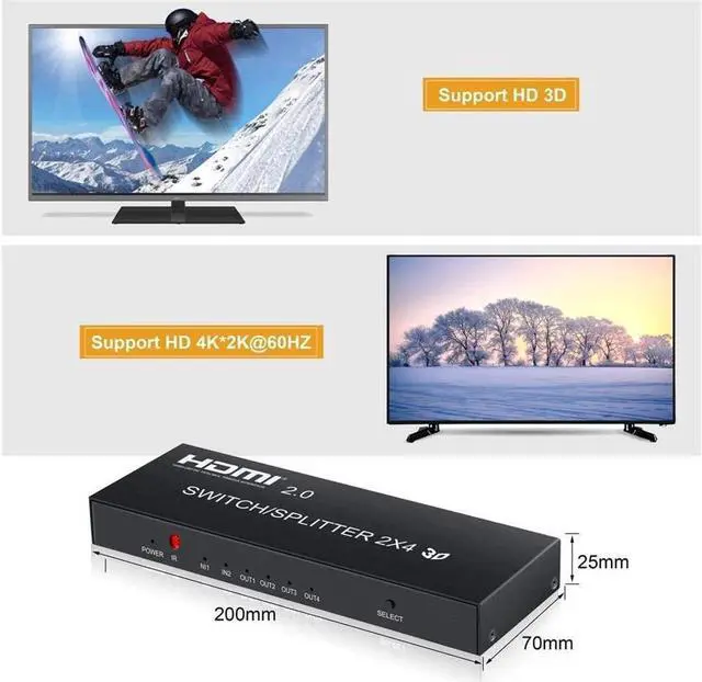Alt view image 5 of 7 - 4K@60Hz HDMI Audio Extractor Splitter Switcher 2 in 4 Out with Remote, MOYOON 2-Port HDMI Switch with SPDIF Audio 3.5mm, Support 4K, 3D, HDMI2.0, HDCP2.2 for HDTV Blu-Ray, Fire Stick, Xbox, PS5