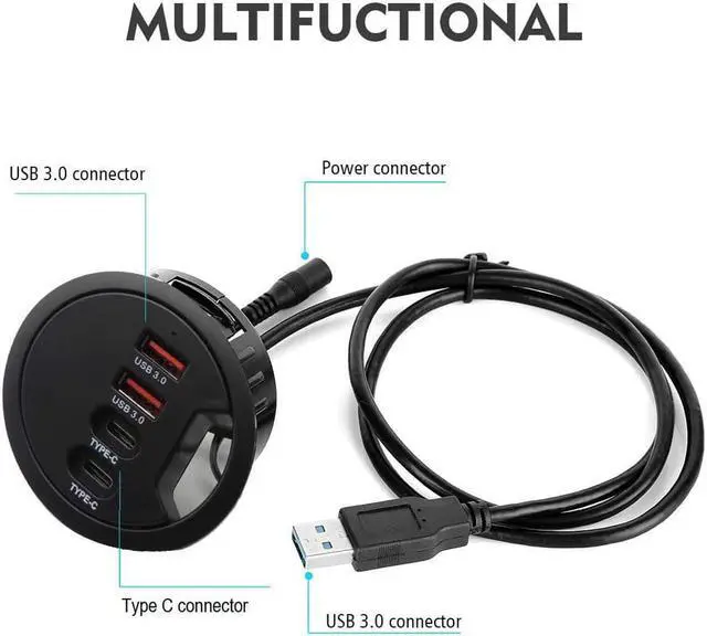 Alt view image 3 of 7 - Grommet Desk-Fit USB 3.0 Hub (Diameter 2.36 or 60MM) 2 Port Type A&2 Port Type C Compatible Charging and Data Transmission Includes 5V/2A Power Adapter