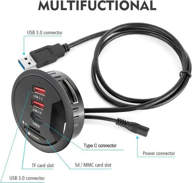 Alt view image 3 of 7 - Grommet Desk-Fit USB 3.0 Hub (Diameter 2.36" or 60MM) 2 Port Type-A and 1 Port Type-C with SD/TF Card Reader,Compatible Charging and Data Transmission,(Includes 5V/2A Power Adapter)