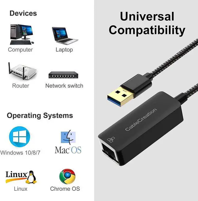 Alt view image 6 of 7 - USB to Ethernet Adapter, CableCreation USB 3.0 to 10/100/1000 Mbps Aluminum RJ45 LAN Network Adapter, Compatible with MacBook, Surface Pro, Laptop, PC, Windows, macOS and More
