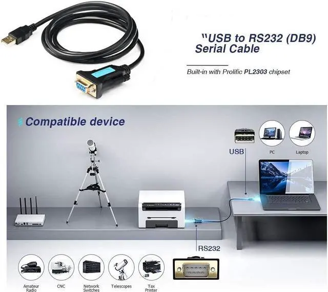 Alt view image 3 of 6 - CABLEDECONN USB to RS232 Adapter with Prolific PL2303 Chipset USB2.0 Male to RS232 Female DB9 Serial Cable 2m 6ft for Windows XP,Windows Vista,7,8,10,Mac OS 10.6 Above Linux