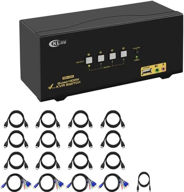 Main image of CKLau 4Kx2K@60Hz 4 Port Quad Monitor KVM HDMI Switch with Audio, Microphone, USB 2.0 Hub, Cables for 4 Computers Sharing Single Keyboard, Mouse and 4 Monitors Support HDMI 2.0, EDID