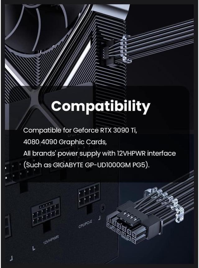 Alt view image 7 of 7 - PCI-e 5.0 GPU Power Cable - 70cm 16pin (12+4) 12VHPWR Male to Male Sleeved Cable with Combs, 600W PCIe 5 Power Cable for Geforce RTX 3090Ti 4070 Ti 4080 4090 to ATX 3.0 Modular Power Supply