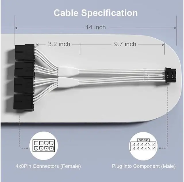 Alt view image 4 of 7 - PCI-e 5.0 Extension Cable, RTX 4090 4080 16Pin(12+4) Male to 4x8Pin Female 12VHPWR Cable PCIE GPU Power Sleeved Extender Cord Compatible for GeForce RTX 4090/4080/4070Ti/3090Ti (14inch, White)
