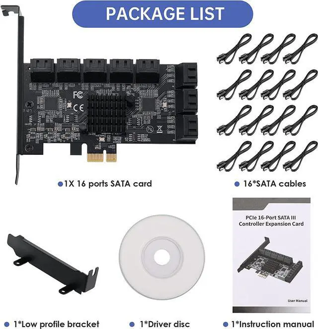 Alt view image 7 of 7 - PCIE 1X SATA Card 16 Ports,with 16 SATA Cables and Low Profile Bracket,PCIE to SATA 3.0 6 Gbps Controller,PCIE to SATA Expansion Card,SATA Controller,SATA PCIE Card,ASM1064+3JMB575 Chips