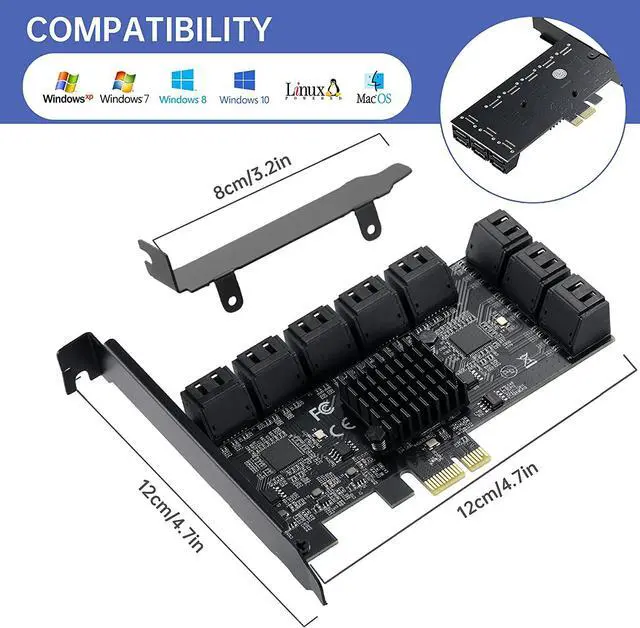 Alt view image 2 of 7 - PCIE 1X SATA Card 16 Ports,with 16 SATA Cables and Low Profile Bracket,PCIE to SATA 3.0 6 Gbps Controller,PCIE to SATA Expansion Card,SATA Controller,SATA PCIE Card,ASM1064+3JMB575 Chips