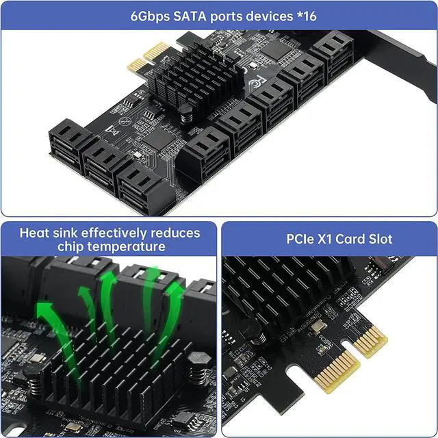 Alt view image 4 of 7 - PCIE 1X SATA Card 16 Ports,with 16 SATA Cables and Low Profile Bracket,PCIE to SATA 3.0 6 Gbps Controller,PCIE to SATA Expansion Card,SATA Controller,SATA PCIE Card,ASM1064+3JMB575 Chips