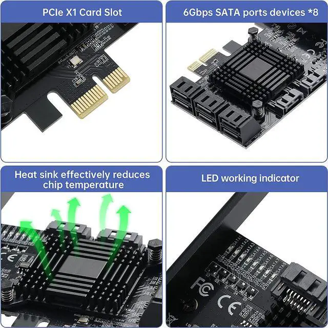 Alt view image 6 of 7 - PCIE 1X SATA Card 8 Ports,with 8 SATA Cables and Low Profile Bracket,PCIE to SATA 3.0 6 Gbps Controller,PCIE to SATA Expansion Card,SATA Controller,SATA PCIE Card,ASM1064+JMB575 Chips