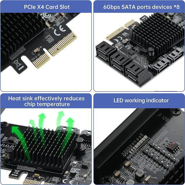 Alt view image 4 of 7 - PCIE 4X SATA Card 8 Ports,with 8 SATA Cables and Low Profile Bracket,PCIE to SATA 3.0 6 Gbps Controller,PCIE to SATA Expansion Card,SATA Controller,SATA PCIE Card,ASM1166+JMB575 Chips