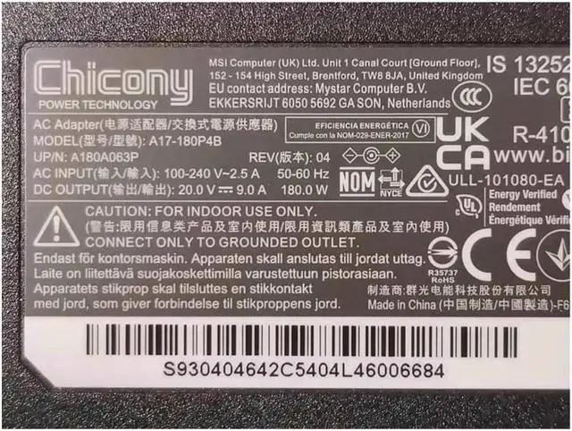 Alt view image 2 of 2 - Chicony 20V 9A 180W A17-180P4B A180A063P Power Supply AC Adapter For MSI GF66 GF75 CREATOR Z16 A11UET Laptop Charger