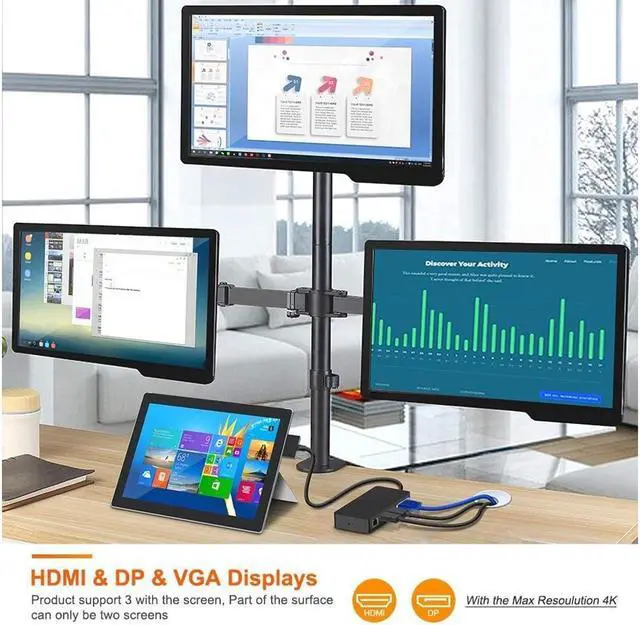 Alt view image 4 of 7 - Surface Pro Dock for Surface Pro 4/Pro 5/Pro 6 USB Hub Docking Station with Gigabit Ethernet, 4K HDMI VGA DP Display, 3xUSB 3.0, Audio Out, USB C, SD/TF Card Slot Combo Dock Only for Surface Pro 4/5/6