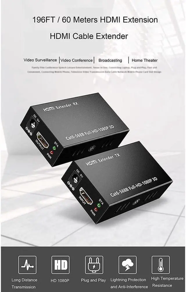 Alt view image 2 of 7 - HDMI Extender 196ft/60m Over LAN Single CAT5e/CAT6A/CAT7,HDMI to RJ45 Network Adapter,RJ45 to HDMI Uncompressed 1080P@60Hz,Direct 1 to 1 Extender,Network LAN,Network Extension