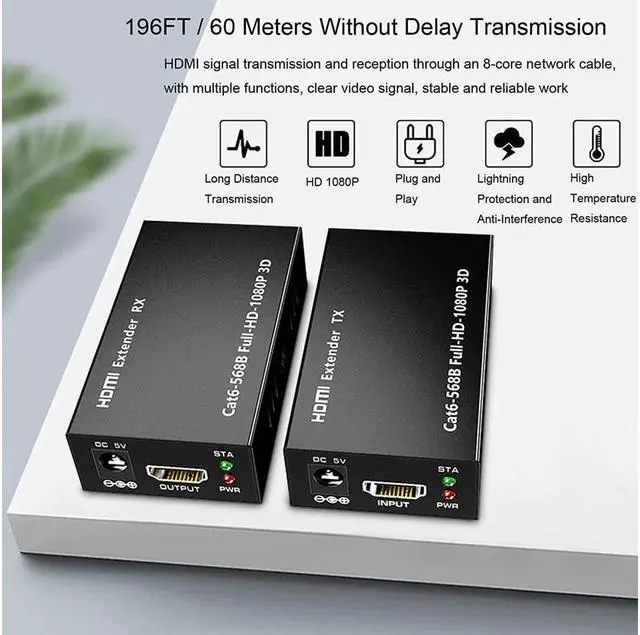 Alt view image 5 of 7 - HDMI Extender 196ft/60m Over LAN Single CAT5e/CAT6A/CAT7,HDMI to RJ45 Network Adapter,RJ45 to HDMI Uncompressed 1080P@60Hz,Direct 1 to 1 Extender,Network LAN,Network Extension