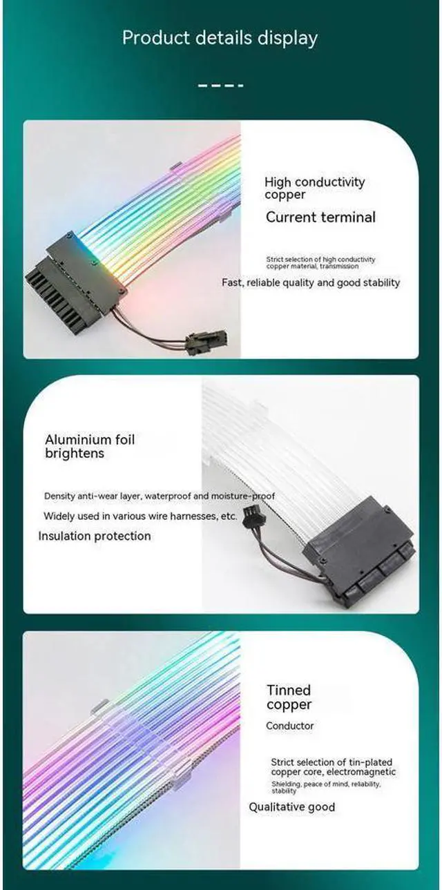 Alt view image 7 of 7 - ARGB Power Extension Cable Power Graphics Card Cable,Mainboard Extension Cable Power Luminous Cable,Dual Head Lamp 24Pin Row Synchronous Illusion Luminous Cable,Wire Harness Assembly,18AWG 41 * 0.16 T