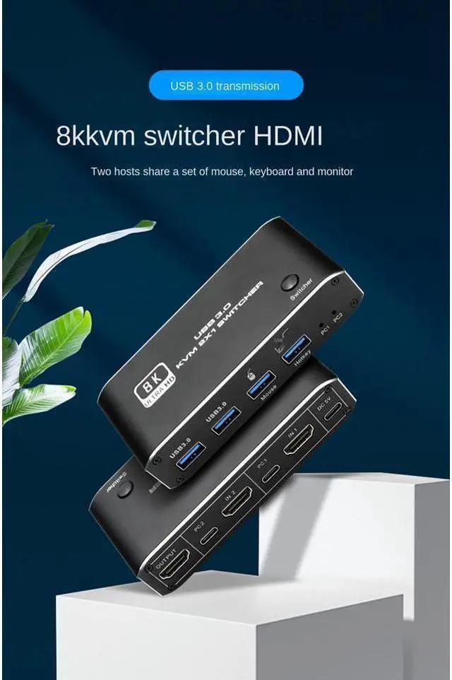 Alt view image 2 of 7 - 8K HDMI KVM Switch 8K USB KVM HDMI Switch 2x1 HDMI2.1 Ports + 4X USB3.0 KVM Ports,Share 2 Computers one Monitor Switch,Supports 8K 60Hz,4K 120Hz,YUV 4:4:4,HDCP 2.3,HDR 10,Hotkey,Darkish