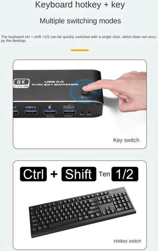 Alt view image 4 of 7 - 8K HDMI KVM Switch 8K USB KVM HDMI Switch 2x1 HDMI2.1 Ports + 4X USB3.0 KVM Ports,Share 2 Computers one Monitor Switch,Supports 8K 60Hz,4K 120Hz,YUV 4:4:4,HDCP 2.3,HDR 10,Hotkey,Darkish
