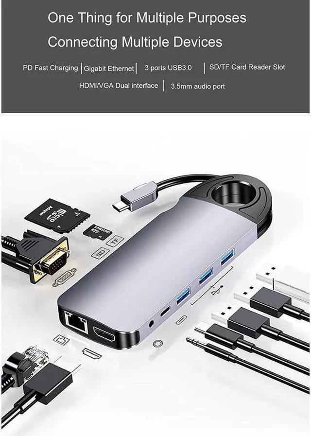 Alt view image 2 of 7 - USB Type C Docking Station Hub Multiport Adapter,10 in 1 Dongle,4K@60Hz USB-C Laptop Docking Station,USB C to HDMI,VGA,3*USB3.0,PD,Gigabit Ethernet,3.5mm Audio,TF/SD for MacBook,Dell,Surface,HP