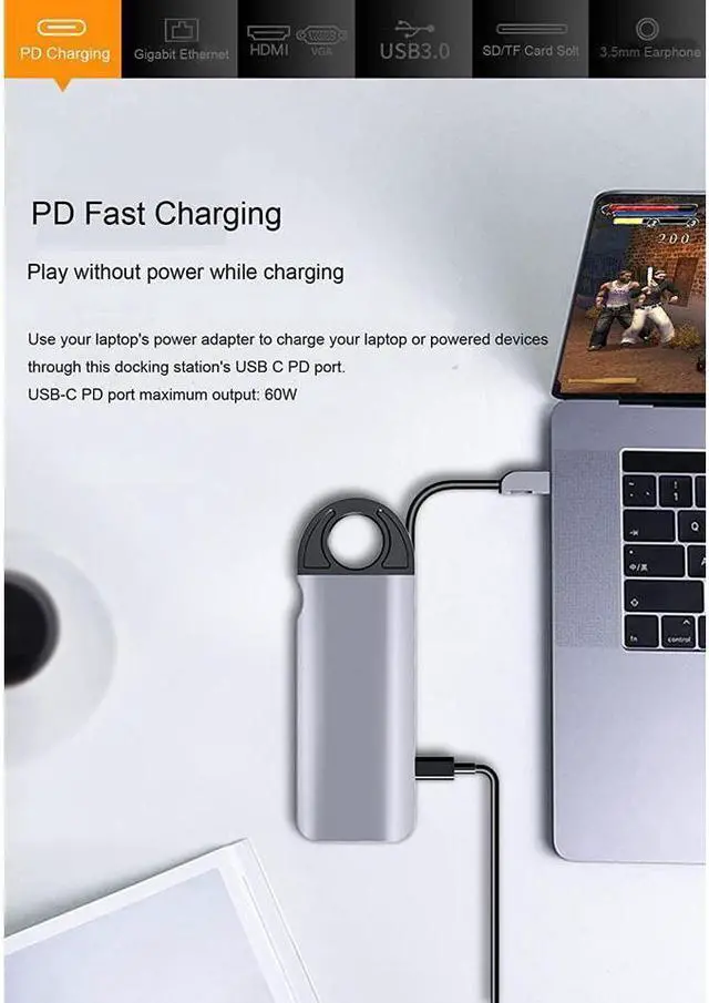 Alt view image 3 of 7 - USB Type C Docking Station Hub Multiport Adapter,10 in 1 Dongle,4K@60Hz USB-C Laptop Docking Station,USB C to HDMI,VGA,3*USB3.0,PD,Gigabit Ethernet,3.5mm Audio,TF/SD for MacBook,Dell,Surface,HP