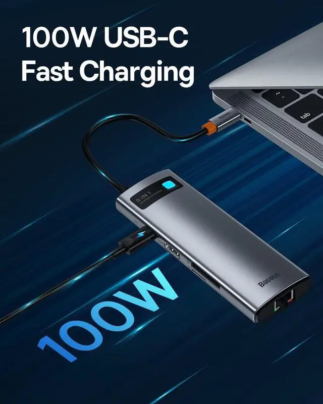 Alt view image 6 of 6 - Baseus 8-in-1 USB C Hub Docking Station, USB C Adapter with 4K HDMI, 3 USB 3.0, TF/SD Reader, Ethernet, 100W Power Delivery Compatible with MacBook, Surface, iPad, Steam Deck or Other Type C Devices