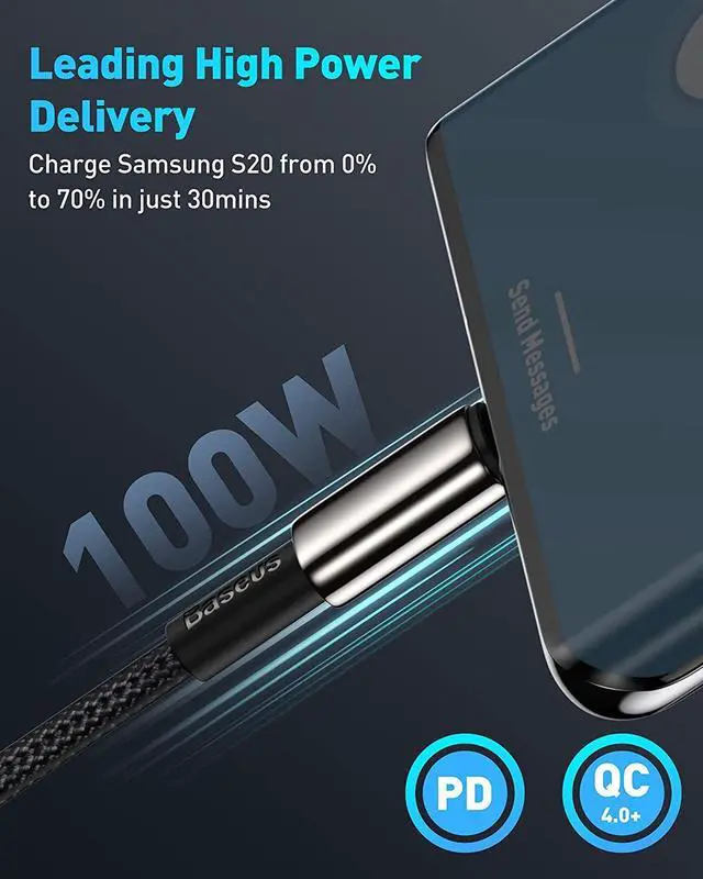 Alt view image 2 of 7 - USB C Cable, Baseus 100W PD 5A QC 4.0 Fast Charging USB C to USB C Cable, Zinc Alloy Nylon Braided Type C Data Cable for Samsung S21 S20+ S10 Note 10 iPad Pro MacBook Pro Google Pixel and more (3.3ft)