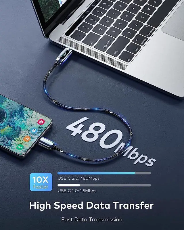 Alt view image 3 of 7 - BUCIER PD 100W USB C Cable, 5A Type C to C Fast Charging Cable, 3.3ft LED Display Cable Nylon Braided USB C 480Mbps Data Cable Compatible with Samsung S21 S20 Note 20 MacBook Pro Google Pixel etc