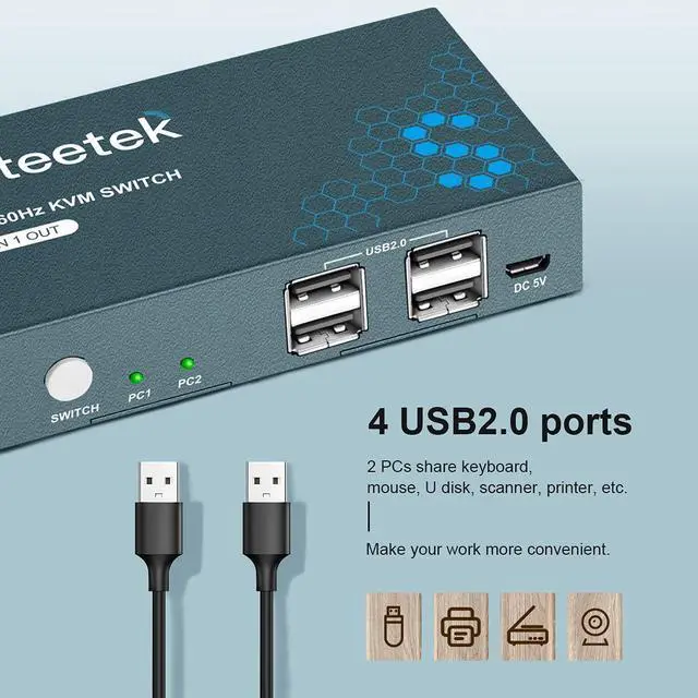 Alt view image 3 of 6 - USB 2.0 KVM Switch 2 Port Box, UHD 4K@60Hz, USB HDMI KVM Switch for 2 Computers Share Keyboard Mouse Printer and 1 HD Monitor, 4 USB 2.0 Hub, Button Switch, with 2 USB and 1 HDMI Cables