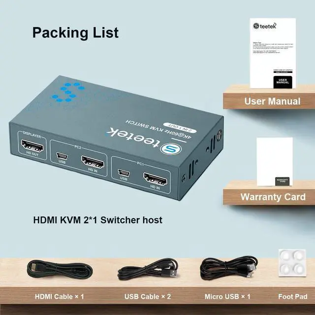 Alt view image 6 of 6 - USB 2.0 KVM Switch 2 Port Box, UHD 4K@60Hz, USB HDMI KVM Switch for 2 Computers Share Keyboard Mouse Printer and 1 HD Monitor, 4 USB 2.0 Hub, Button Switch, with 2 USB and 1 HDMI Cables