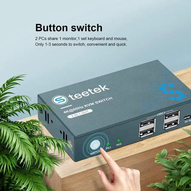 Alt view image 5 of 6 - USB 2.0 KVM Switch 2 Port Box, UHD 4K@60Hz, USB HDMI KVM Switch for 2 Computers Share Keyboard Mouse Printer and 1 HD Monitor, 4 USB 2.0 Hub, Button Switch, with 2 USB and 1 HDMI Cables