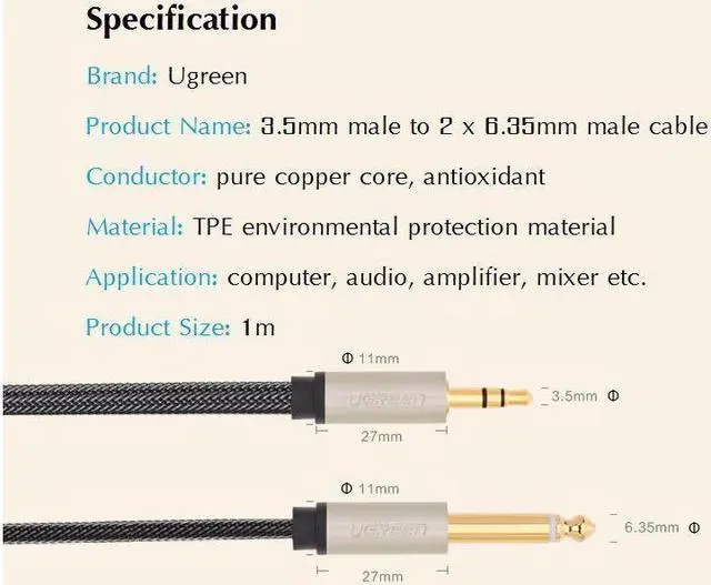 Alt view image 2 of 5 - 3.28ft/1m High quality 3.5mm to Dual 6.35mm audio Y golden cable ,3.5mm male to 2 x 6.35mm male cable