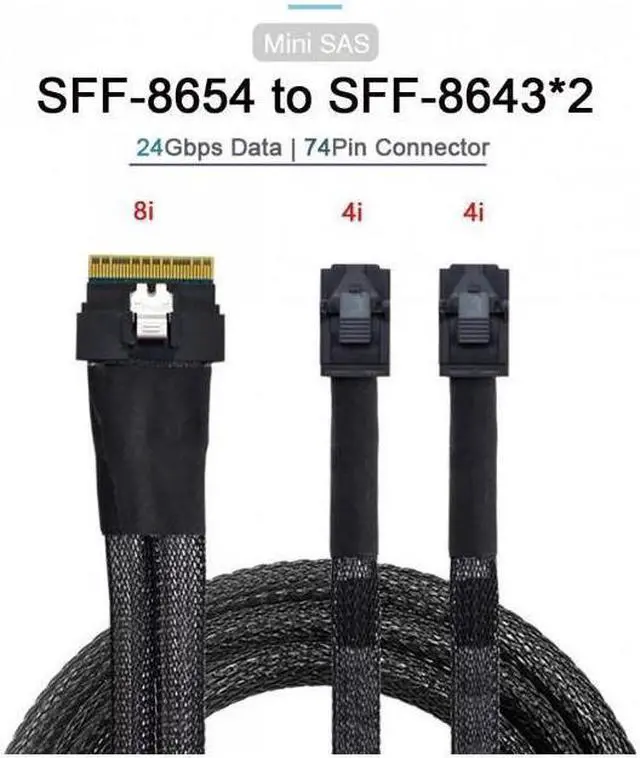 Main image of PCI-E Ultraport Slimline SAS Slim 4.0 SFF-8654 8i 74pin to Dual SFF-8643 4i Mini SAS HD Cable PCI-Express  80CM